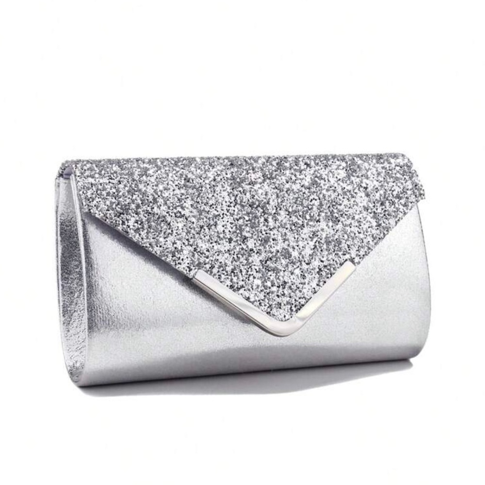 Silver Clutch Bag V Design Metal Chain Glitter Sequined Evening Bag